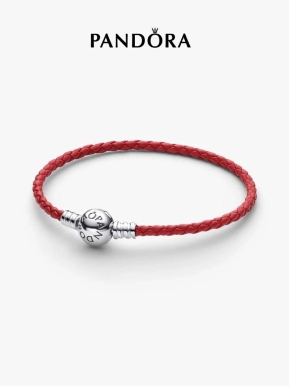 Pandora Red Braided Leather Bracelet with Silver Logo Clasp